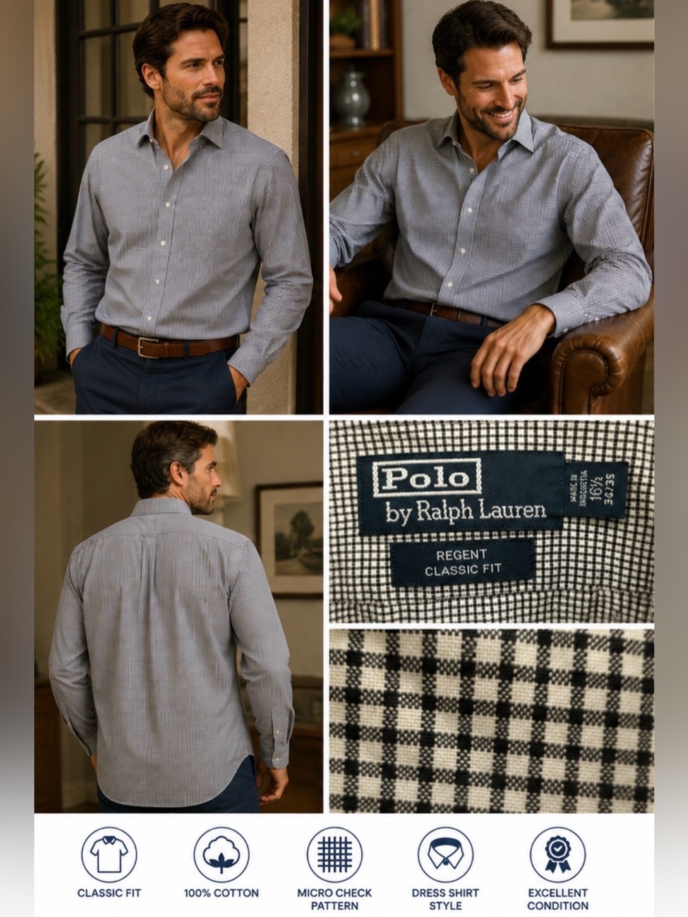 Polo by Ralph Lauren Men’s Checkered Shirt in Black and White 34/35 16.5 Neck